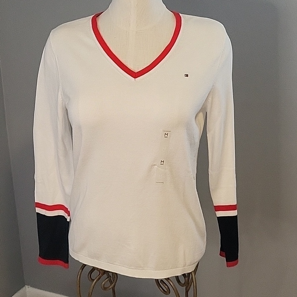 Tommy Hilfiger White V-Neck Cotton Blend Classic Logo Sweater - Size M
